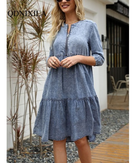 Women's Dress Spring Summer Imitation Denim Vintage Formal Dresses Female Fashion Casual Knee-Length O-Neck Clothes for Women...