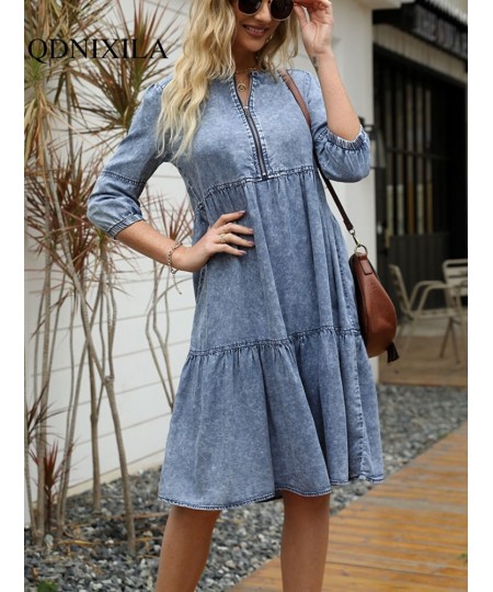 Women's Dress Spring Summer Imitation Denim Vintage Formal Dresses Female Fashion Casual Knee-Length O-Neck Clothes for Women...