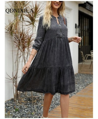 Women's Dress Spring Summer Imitation Denim Vintage Formal Dresses Female Fashion Casual Knee-Length O-Neck Clothes for Women...