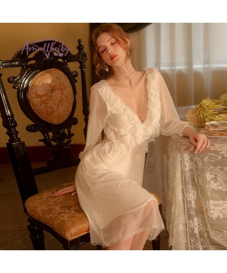 Vintage Nightgowns Princess Gauze Long Sleepwear Court Ruffles Night Dress Home Wear Sweet Mesh Backless Temptation Nightdres...