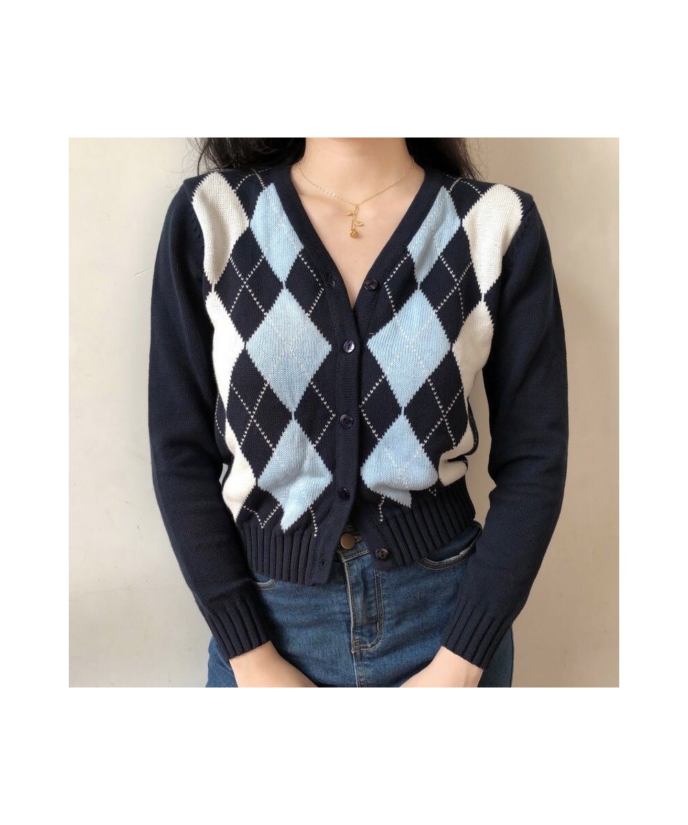 Female Vintage Argyle Knitting V-neck Contrast Cardigan Cropped Top For Women Slim Rhomboid Cardigans Spring Autumn Coat $28....