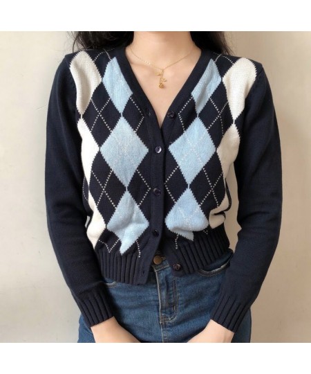 Female Vintage Argyle Knitting V-neck Contrast Cardigan Cropped Top For Women Slim Rhomboid Cardigans Spring Autumn Coat $28....