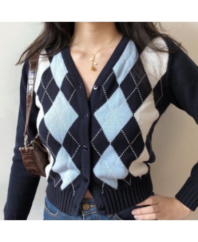 Female Vintage Argyle Knitting V-neck Contrast Cardigan Cropped Top For Women Slim Rhomboid Cardigans Spring Autumn Coat $28....