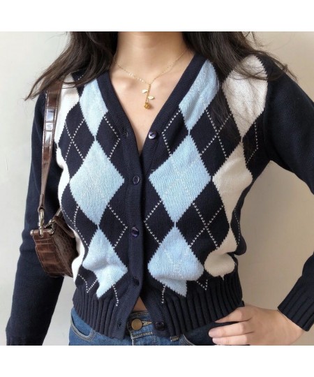 Female Vintage Argyle Knitting V-neck Contrast Cardigan Cropped Top For Women Slim Rhomboid Cardigans Spring Autumn Coat $28....