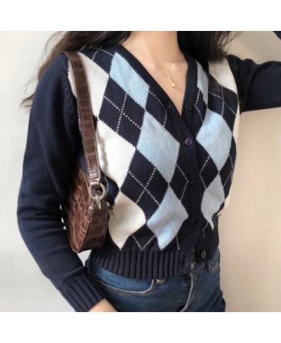 Female Vintage Argyle Knitting V-neck Contrast Cardigan Cropped Top For Women Slim Rhomboid Cardigans Spring Autumn Coat $28....