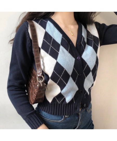 Female Vintage Argyle Knitting V-neck Contrast Cardigan Cropped Top For Women Slim Rhomboid Cardigans Spring Autumn Coat $28....