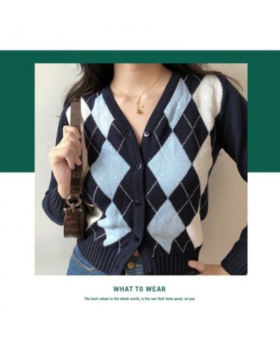 Female Vintage Argyle Knitting V-neck Contrast Cardigan Cropped Top For Women Slim Rhomboid Cardigans Spring Autumn Coat $28....