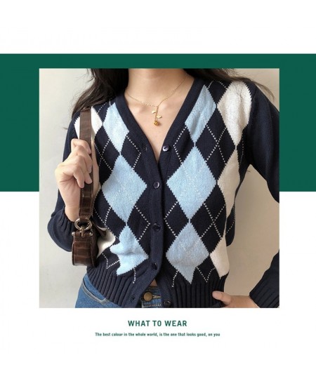 Female Vintage Argyle Knitting V-neck Contrast Cardigan Cropped Top For Women Slim Rhomboid Cardigans Spring Autumn Coat $28....