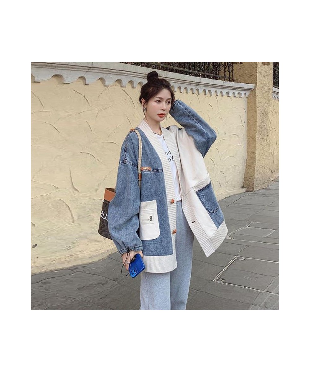 Women's Splicing Denim Jacket Spring Autumn New Korean Loose V Neck Contrasting Colors Pocket Knitting Sweater Cardigan Tops ...