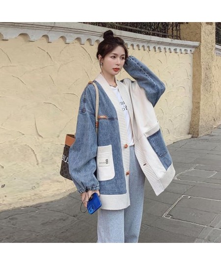 Women's Splicing Denim Jacket Spring Autumn New Korean Loose V Neck Contrasting Colors Pocket Knitting Sweater Cardigan Tops ...