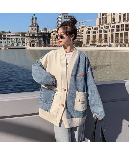 Women's Splicing Denim Jacket Spring Autumn New Korean Loose V Neck Contrasting Colors Pocket Knitting Sweater Cardigan Tops ...