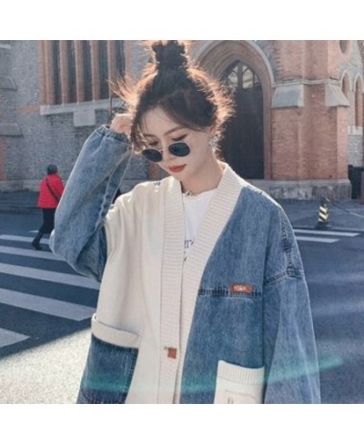 Women's Splicing Denim Jacket Spring Autumn New Korean Loose V Neck Contrasting Colors Pocket Knitting Sweater Cardigan Tops ...