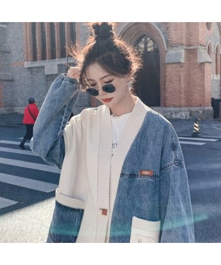 Women's Splicing Denim Jacket Spring Autumn New Korean Loose V Neck Contrasting Colors Pocket Knitting Sweater Cardigan Tops ...