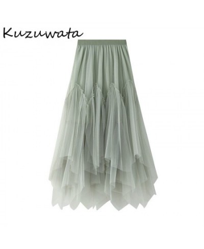 Kuzuwata Sweet Fresh Chic Mesh Patchwork Women Skirts Spring Autumn Mid Length A-line Jupe Fashion Irregular Pleated Skirt $3...