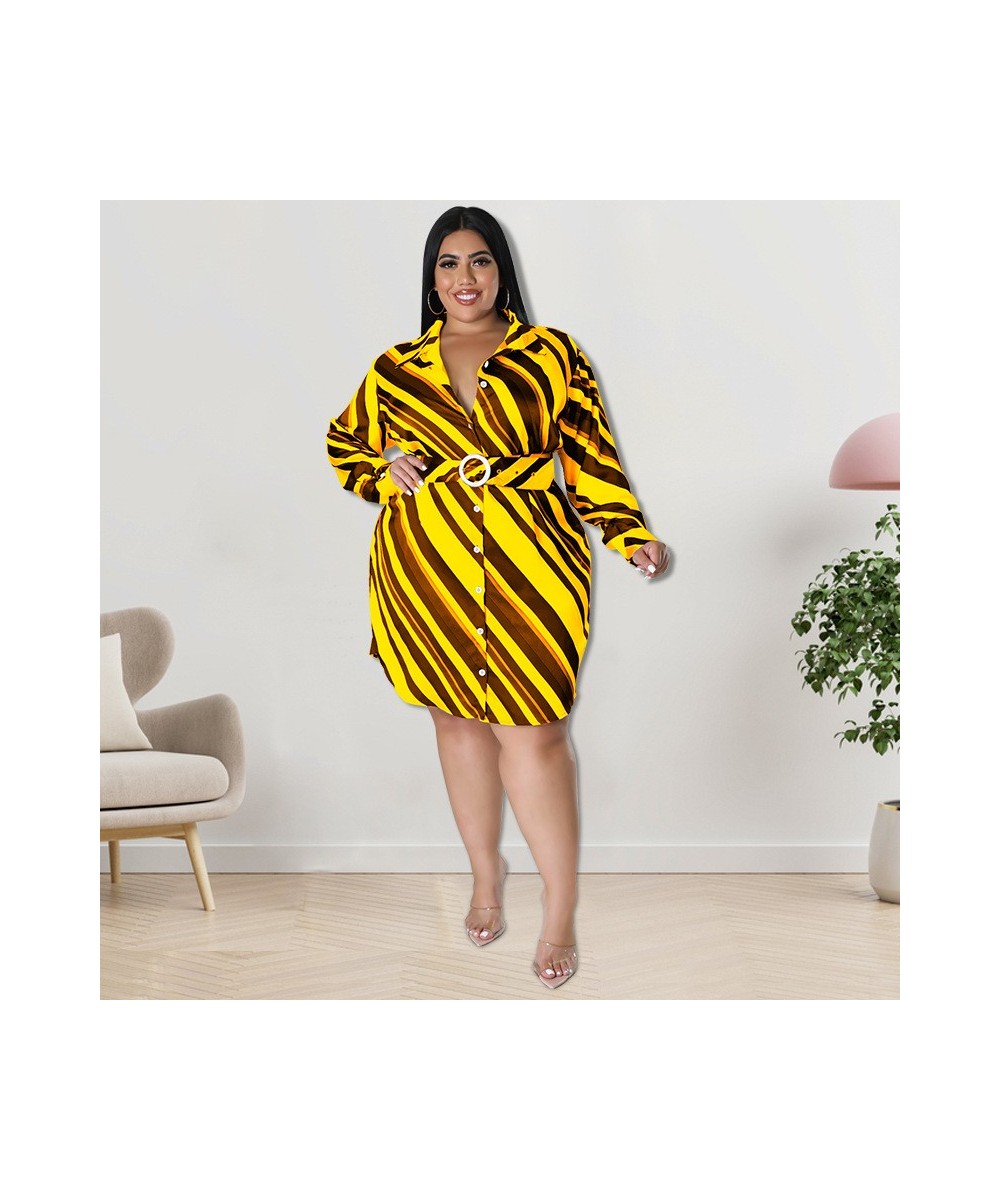 Elegant Women Plus Size Curve Striped Long Sleeve with Belt Single Breasted Turn-down Neck Lapel Shirt Style Dress $39.74 - P...