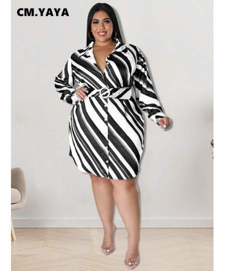 Elegant Women Plus Size Curve Striped Long Sleeve with Belt Single Breasted Turn-down Neck Lapel Shirt Style Dress $39.74 - P...