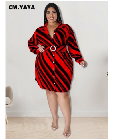 Elegant Women Plus Size Curve Striped Long Sleeve with Belt Single Breasted Turn-down Neck Lapel Shirt Style Dress $39.74 - P...