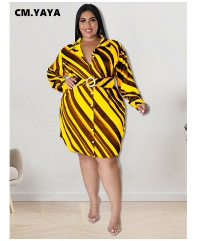 Elegant Women Plus Size Curve Striped Long Sleeve with Belt Single Breasted Turn-down Neck Lapel Shirt Style Dress $39.74 - P...