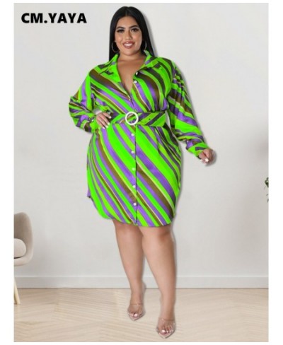 Elegant Women Plus Size Curve Striped Long Sleeve with Belt Single Breasted Turn-down Neck Lapel Shirt Style Dress $39.74 - P...