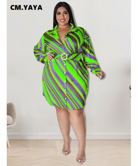 Elegant Women Plus Size Curve Striped Long Sleeve with Belt Single Breasted Turn-down Neck Lapel Shirt Style Dress $39.74 - P...