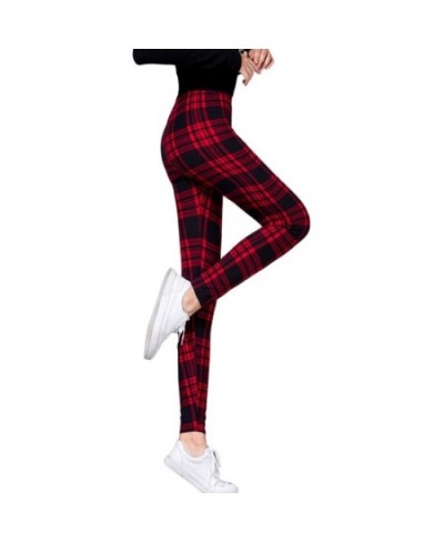 Women Grid Print Plaid Leggings Female Fitness Leggins Lady Slim Pencil Pants Push Up High Elastic Waist Sexy Trousers Red $2...