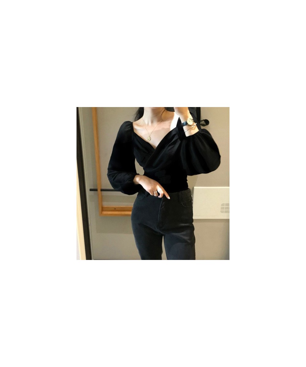 Velvet Sexy V Neck Women Blouses Solid Pleated Lantern Sleeve Blusas Mujer Short Office Lady 2023 Spring Shirts 13704 $38.78 ...