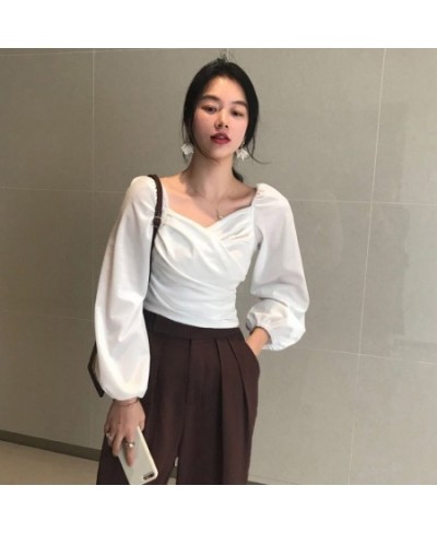 Velvet Sexy V Neck Women Blouses Solid Pleated Lantern Sleeve Blusas Mujer Short Office Lady 2023 Spring Shirts 13704 $38.78 ...