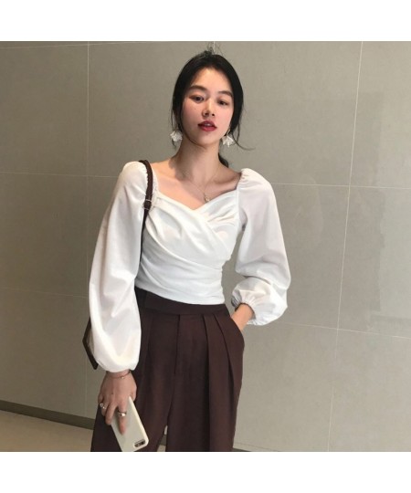 Velvet Sexy V Neck Women Blouses Solid Pleated Lantern Sleeve Blusas Mujer Short Office Lady 2023 Spring Shirts 13704 $38.78 ...