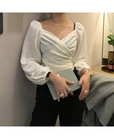 Velvet Sexy V Neck Women Blouses Solid Pleated Lantern Sleeve Blusas Mujer Short Office Lady 2023 Spring Shirts 13704 $38.78 ...