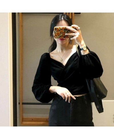 Velvet Sexy V Neck Women Blouses Solid Pleated Lantern Sleeve Blusas Mujer Short Office Lady 2023 Spring Shirts 13704 $38.78 ...