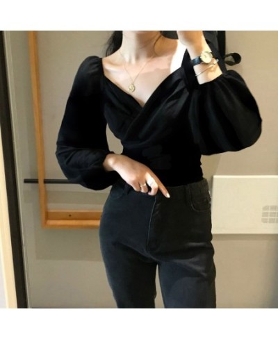 Velvet Sexy V Neck Women Blouses Solid Pleated Lantern Sleeve Blusas Mujer Short Office Lady 2023 Spring Shirts 13704 $38.78 ...