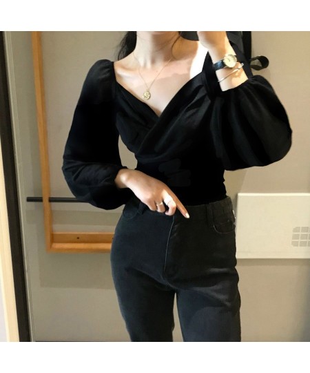 Velvet Sexy V Neck Women Blouses Solid Pleated Lantern Sleeve Blusas Mujer Short Office Lady 2023 Spring Shirts 13704 $38.78 ...