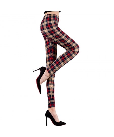 Women Grid Print Plaid Leggings Female Fitness Leggins Lady Slim Pencil Pants Push Up High Elastic Waist Sexy Trousers Red $2...