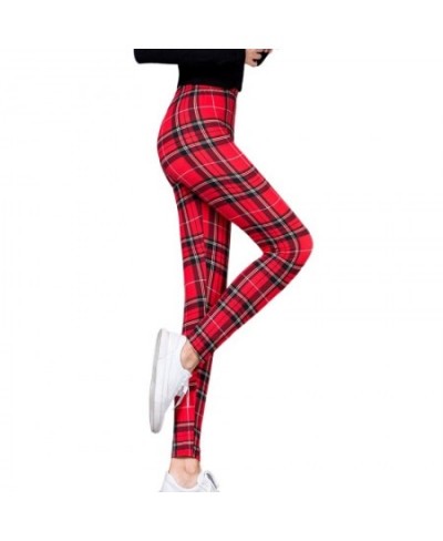 Women Grid Print Plaid Leggings Female Fitness Leggins Lady Slim Pencil Pants Push Up High Elastic Waist Sexy Trousers Red $2...