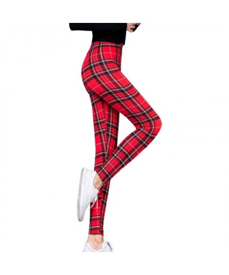 Women Grid Print Plaid Leggings Female Fitness Leggins Lady Slim Pencil Pants Push Up High Elastic Waist Sexy Trousers Red $2...