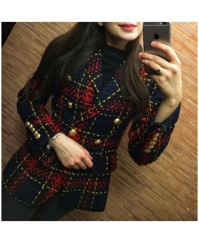 HIGH QUALITY New Stylish 2023 Designer Blazer Women's Double Breasted Lion Metal Buttons Plaid Tweed Wool Blazer Outer Coat $...