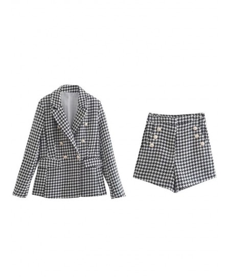 2022 Autumn Women Shorts Suits 2 piece sets Casual Plaid Blazers Coats and Shorts Female Elegant OL Suit Clothing $39.35 - Su...