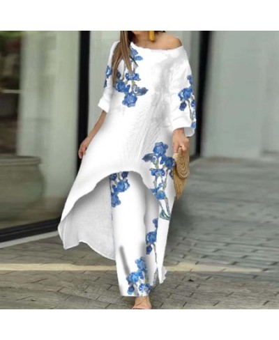 Fashion O Neck Mid Dress Suit Casual Floral Print Women's Two-piece Set Sexy Off Shoulder Pullover Tops And Loose Pants Outfi...