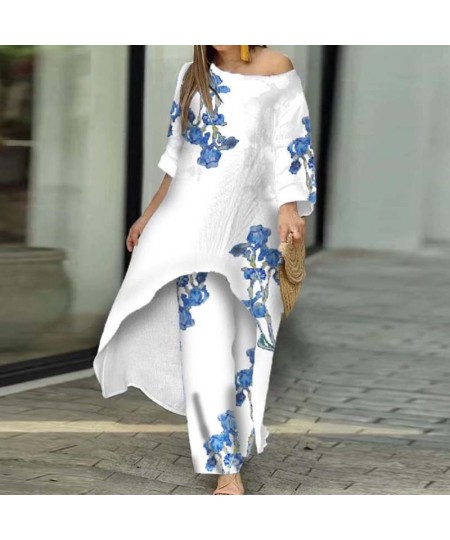 Fashion O Neck Mid Dress Suit Casual Floral Print Women's Two-piece Set Sexy Off Shoulder Pullover Tops And Loose Pants Outfi...