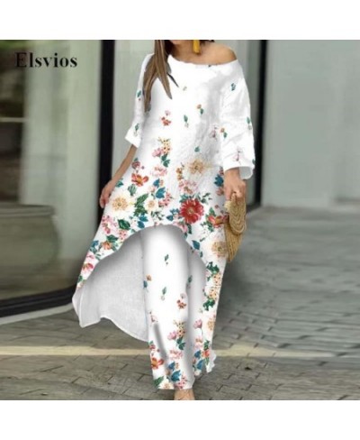 Fashion O Neck Mid Dress Suit Casual Floral Print Women's Two-piece Set Sexy Off Shoulder Pullover Tops And Loose Pants Outfi...