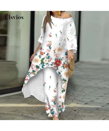 Fashion O Neck Mid Dress Suit Casual Floral Print Women's Two-piece Set Sexy Off Shoulder Pullover Tops And Loose Pants Outfi...