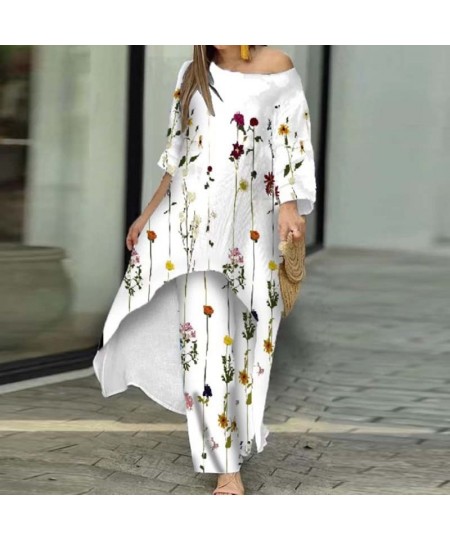 Fashion O Neck Mid Dress Suit Casual Floral Print Women's Two-piece Set Sexy Off Shoulder Pullover Tops And Loose Pants Outfi...