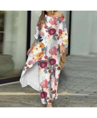 Fashion O Neck Mid Dress Suit Casual Floral Print Women's Two-piece Set Sexy Off Shoulder Pullover Tops And Loose Pants Outfi...