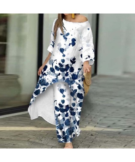 Fashion O Neck Mid Dress Suit Casual Floral Print Women's Two-piece Set Sexy Off Shoulder Pullover Tops And Loose Pants Outfi...