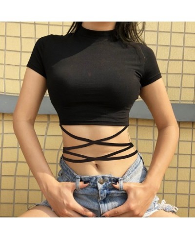 2022 Summer Women Black Short T-Shirts Sexy Crop Tops Short Sleeve Bandage Tee Tops Female Shirts Crop Top Female Woman Cloth...