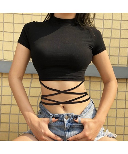 2022 Summer Women Black Short T-Shirts Sexy Crop Tops Short Sleeve Bandage Tee Tops Female Shirts Crop Top Female Woman Cloth...