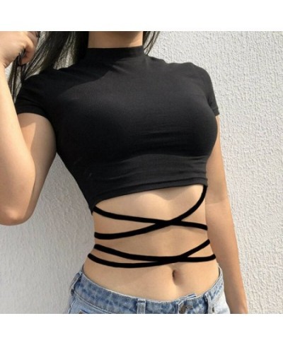 2022 Summer Women Black Short T-Shirts Sexy Crop Tops Short Sleeve Bandage Tee Tops Female Shirts Crop Top Female Woman Cloth...