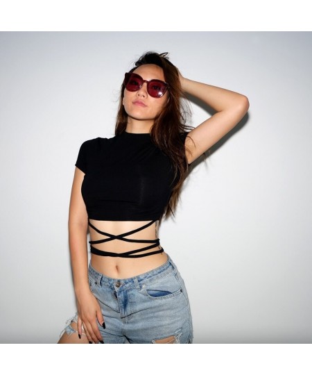 2022 Summer Women Black Short T-Shirts Sexy Crop Tops Short Sleeve Bandage Tee Tops Female Shirts Crop Top Female Woman Cloth...