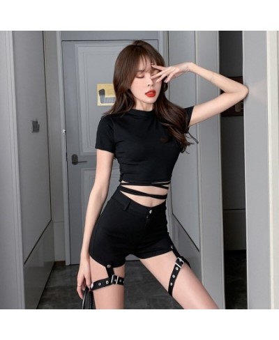 2022 Summer Women Black Short T-Shirts Sexy Crop Tops Short Sleeve Bandage Tee Tops Female Shirts Crop Top Female Woman Cloth...