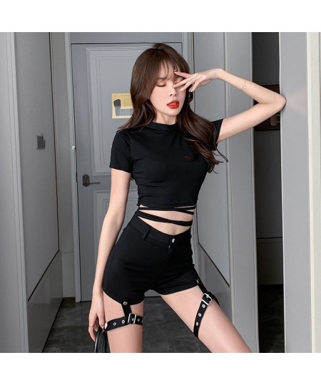 2022 Summer Women Black Short T-Shirts Sexy Crop Tops Short Sleeve Bandage Tee Tops Female Shirts Crop Top Female Woman Cloth...